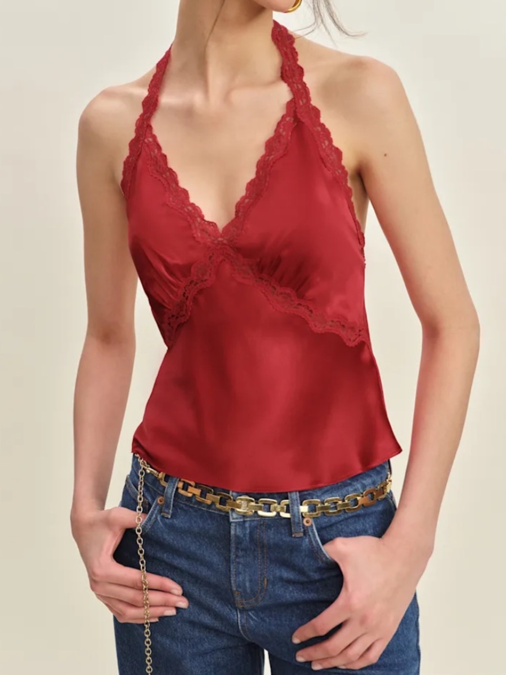 Reformation Monica Silk Lace Halter Top in Lipstick Red XS NWOT